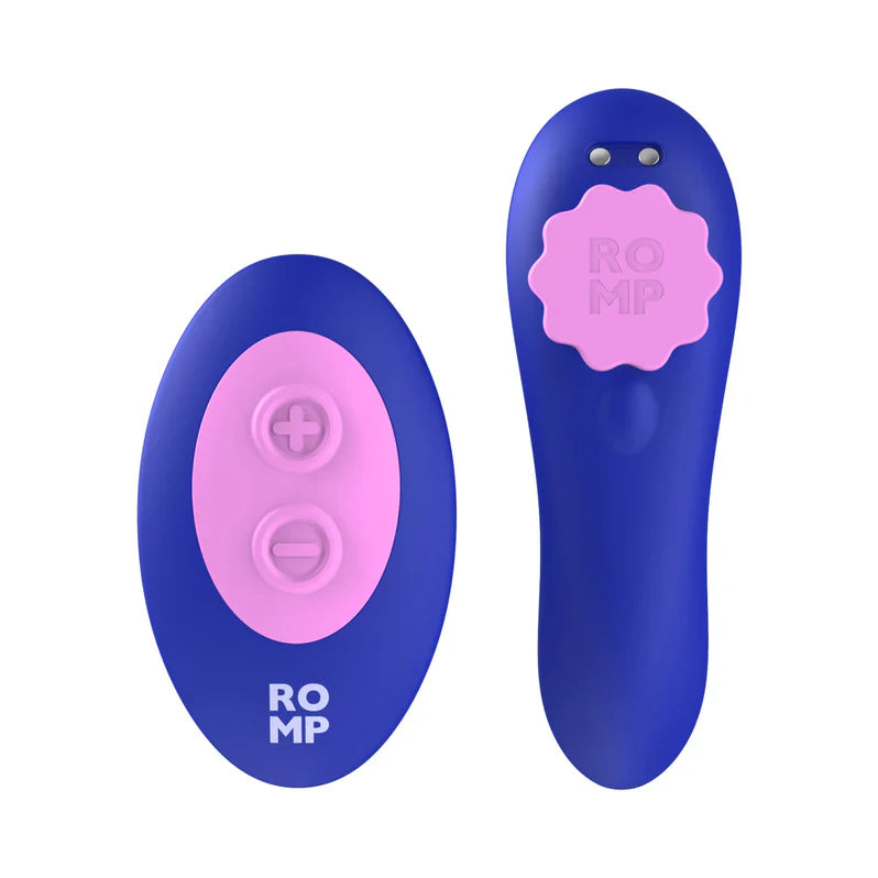 ROMP Party Panty Vibrator from Adult Toy Box, compact vibrator shown resting inside a sheer lace panty for discreet pleasure.