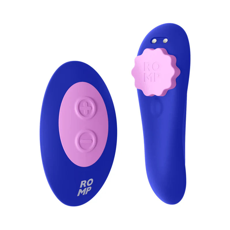 Adult Toy Box ROMP Party Panty Vibrator, discreet personal vibrator device shown in black with textured design.