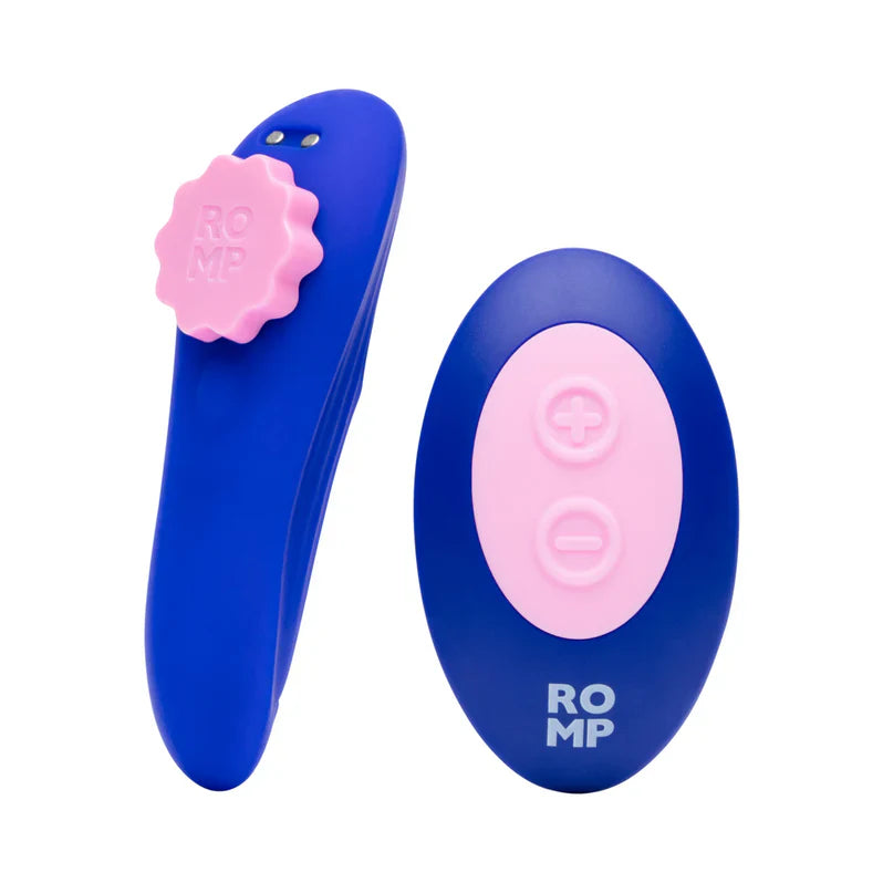ROMP Party Panty Vibrator from Adult Toy Box, small discreet vibrator designed for wearable pleasure, shown in black color.