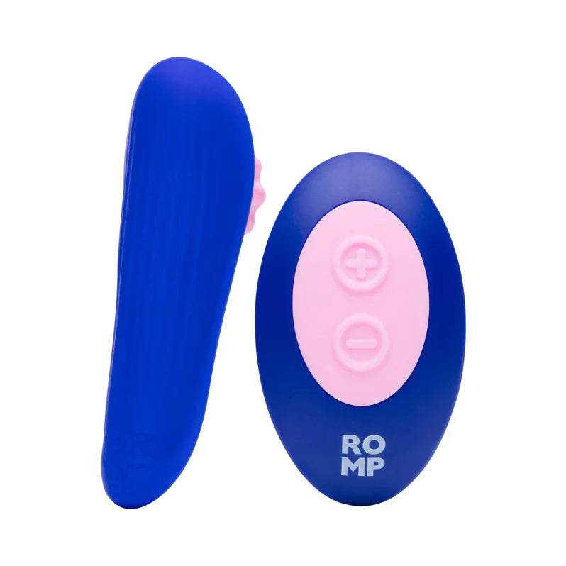 Adult Toy Box ROMP Party Panty Vibrator, discreet wearable vibrator with colorful design and adjustable fit, suitable for intimate pleasure.
