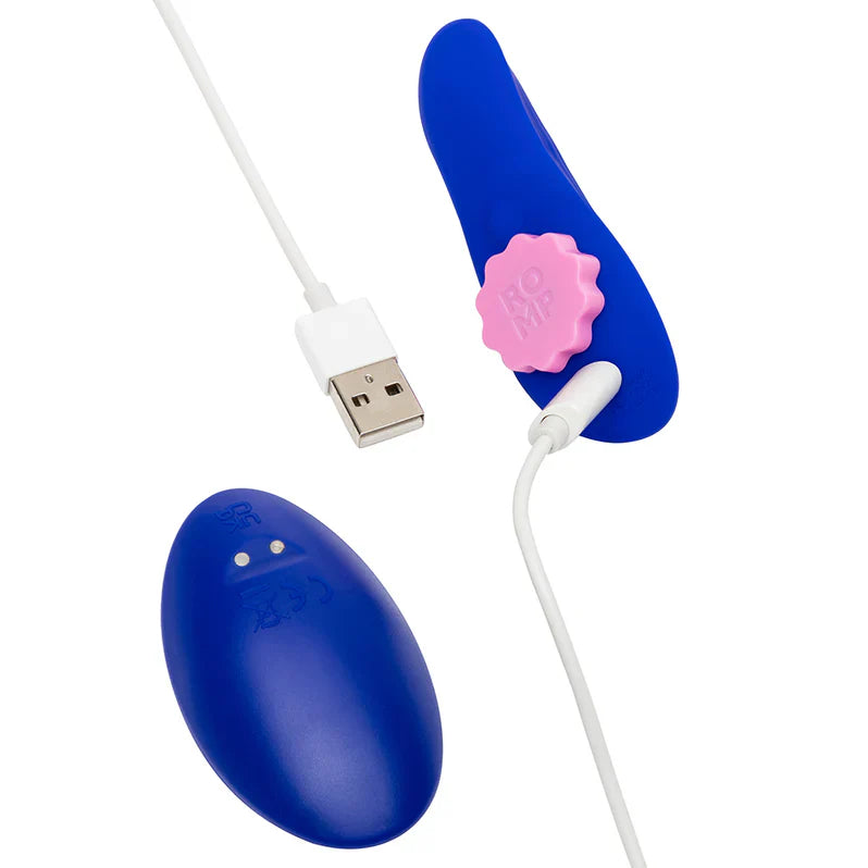 ROMP Party Panty Vibrator from Adult Toy Box, shown in black with sleek design and discreet packaging.
