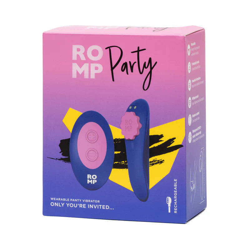 Adult Toy Box ROMP Party Panty Vibrator, discreet wearable vibrator with adjustable straps and smooth surface for intimate pleasure.