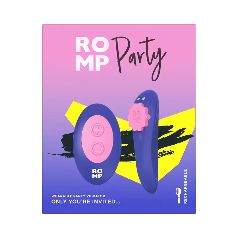 Adult Toy Box ROMP Party Panty Vibrator shown in a sleek, discreet design ideal for intimate pleasure.
