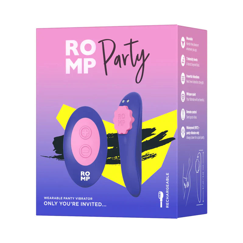 ROMP Party Panty Vibrator from Adult Toy Box, showing a sleek, discreet vibrator designed for intimate pleasure.