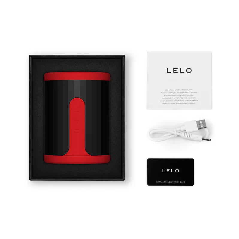 Red LELO F2S male massager and stroker from Dolls & Masturbators collection, featuring sleek design and textured surface.