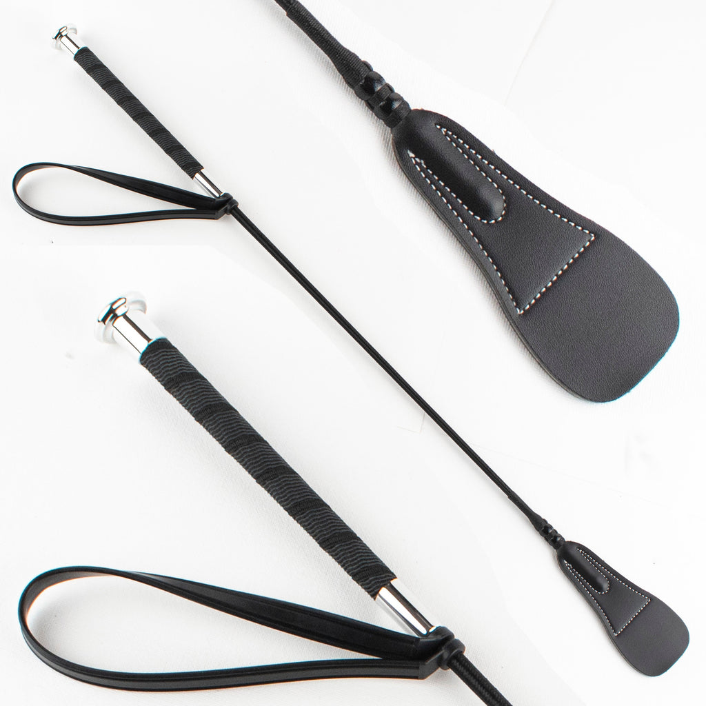 Agreeable Agony 22.5-inch leather riding crop, standard or custom, with a sleek handle and durable leather shaft for horseback riding.