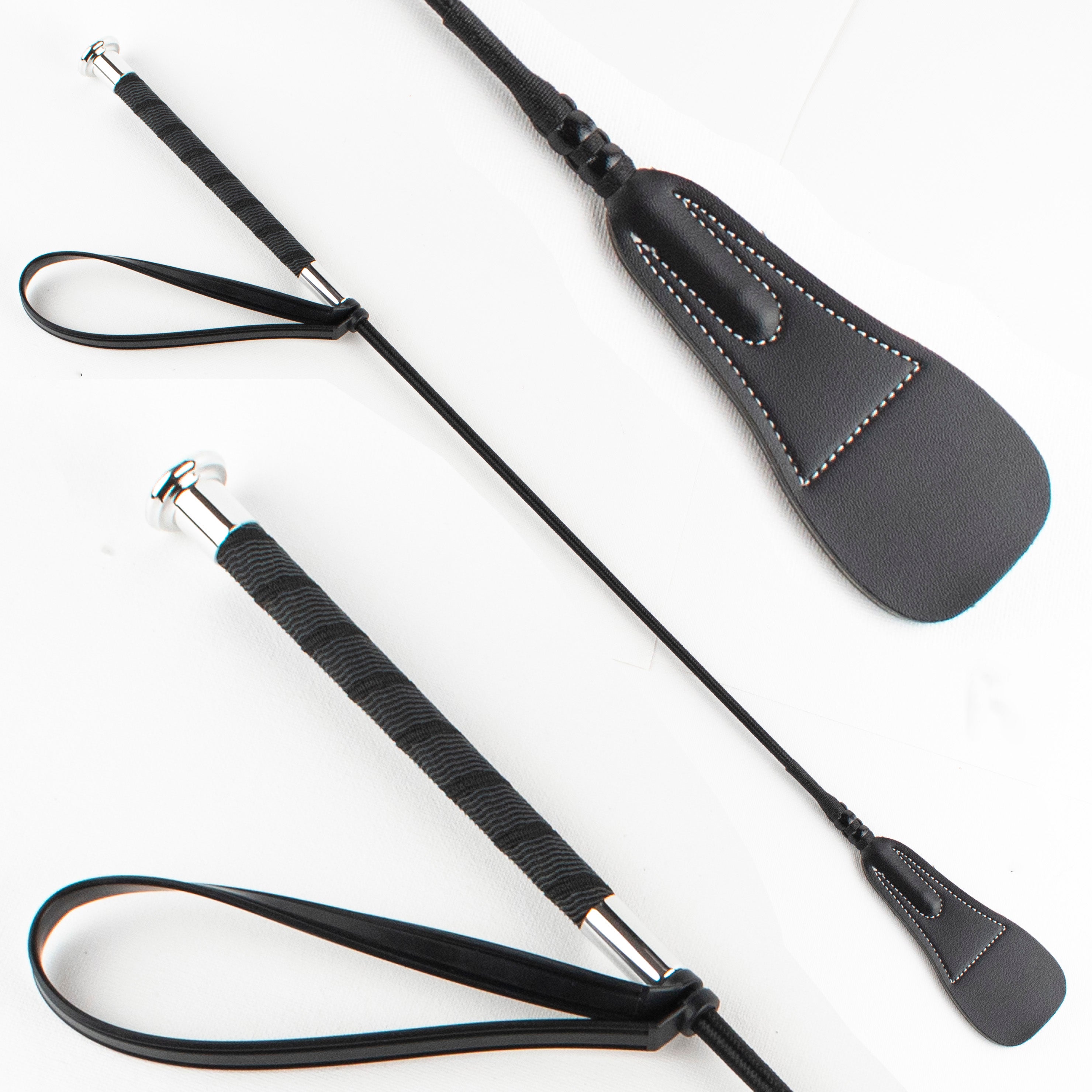 Agreeable Agony 22.5-inch leather riding crop, standard or custom, with a sleek handle and durable leather shaft for horseback riding.