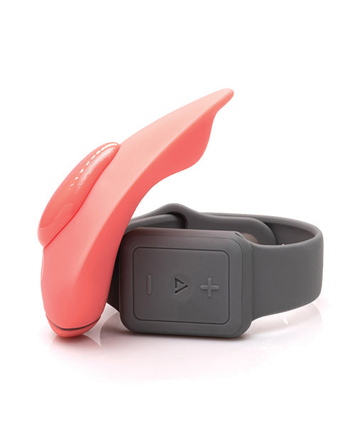 Coral-colored Clandestine Devices Companion panty vibe stimulator with remote, wearable discreet sex toy by Not Just Sex Toys.