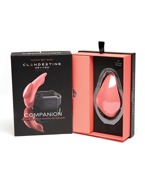 Coral-colored Clandestine Devices Companion Panty Vibe stimulator with wearable remote, designed for discreet pleasure.