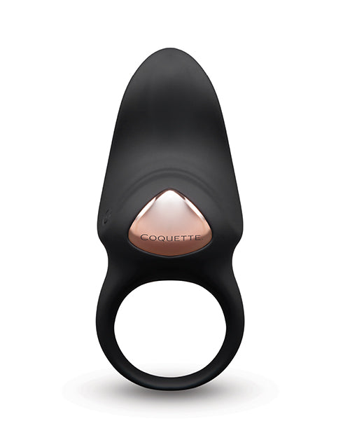 Black and rose gold Coquette The After Party couples stimulator ring by Not Just Sex Toys, shown on a white background.