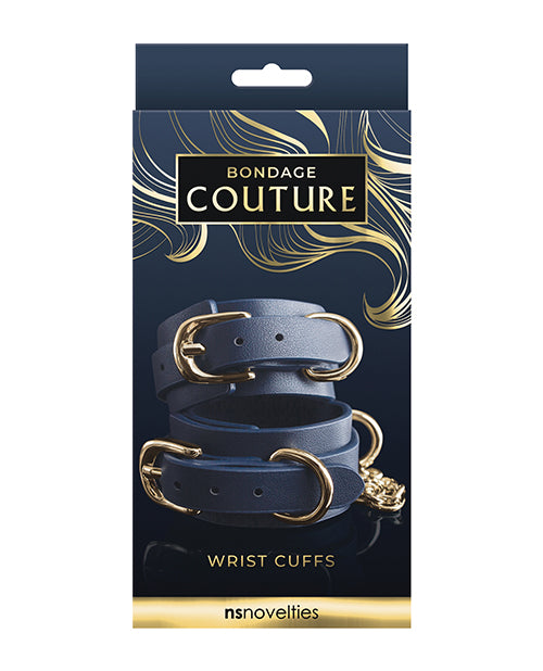 Blue Bondage Couture vinyl wrist cuff from Not Just Sex Toys, featuring a sleek restraint design for BDSM role play.