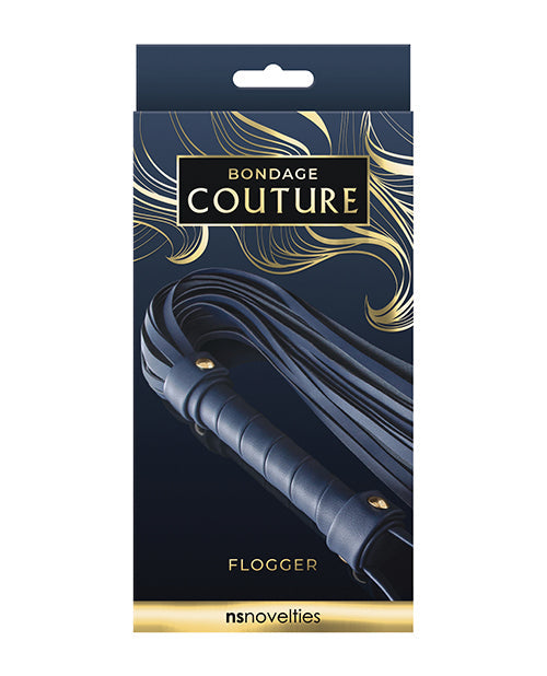 Blue Bondage Couture flogger from Not Just Sex Toys, with leather handle and multiple tails for BDSM restraint play.