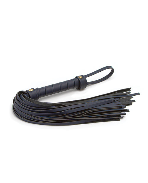 Blue Bondage Couture flogger from Not Just Sex Toys with leather strands and a handle, designed for BDSM restraint play.