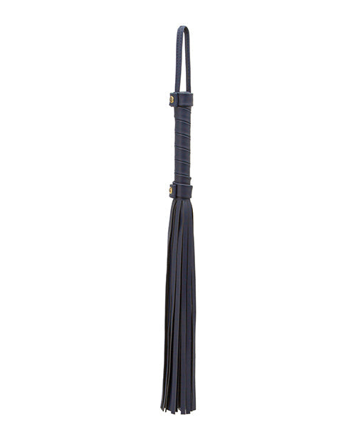 Blue Bondage Couture flogger from Not Just Sex Toys with leather strands and handle, used for BDSM restraints and sensation play.