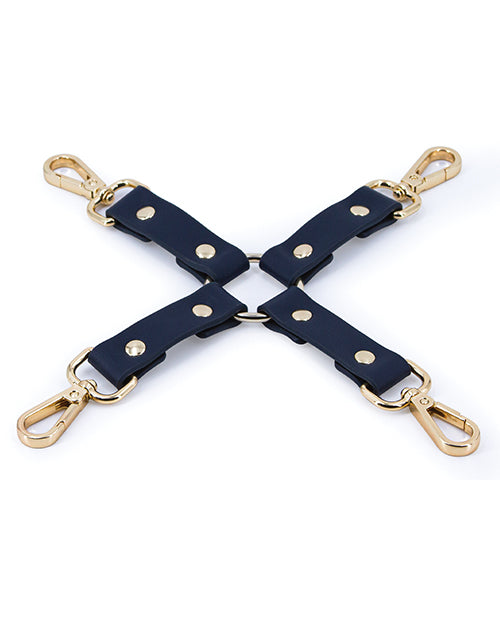 Blue Bondage Couture Hog Tie from Not Just Sex Toys, featuring soft straps and metal hardware for BDSM restraint play.