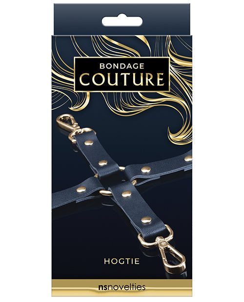 Blue Bondage Couture hog tie restraint by Not Just Sex Toys, featuring soft straps and metal hardware for BDSM play.
