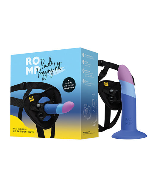 ROMP Piccolo 3-color 5.5-inch dildo pegging kit featuring strap-on harness in blue, designed for versatile intimate use.