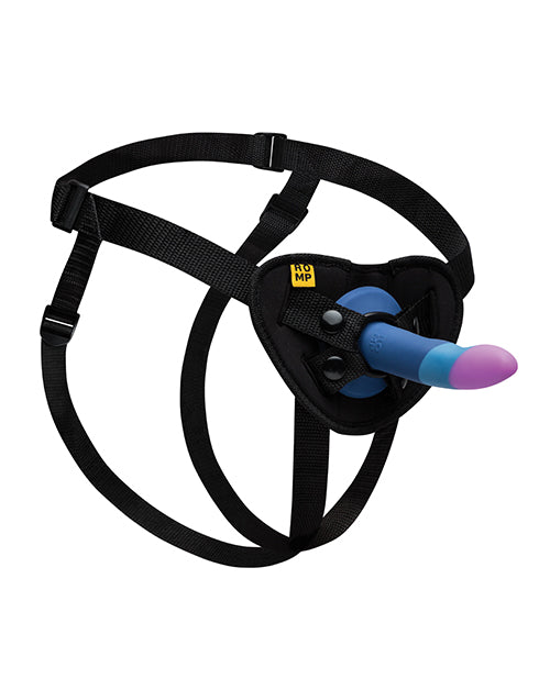 ROMP Piccolo 3-color 5.5-inch dildo pegging kit with strap-on harness in blue, designed for intimate pleasure and versatile use.