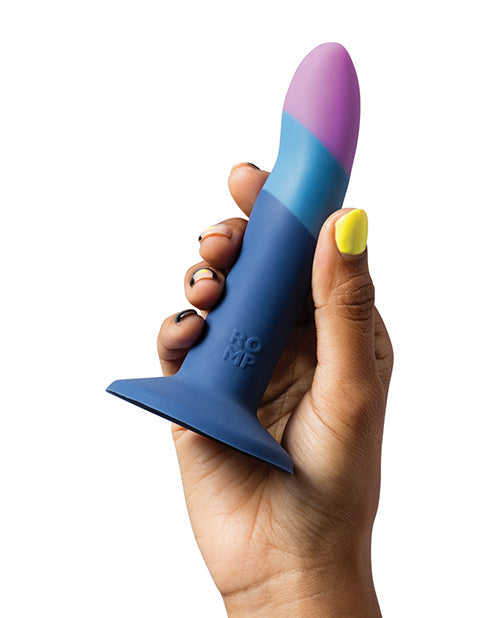 ROMP Piccolo 3-color 5.5-inch dildo pegging kit with blue strap-on harness, designed for versatile adult pleasure and intimacy.