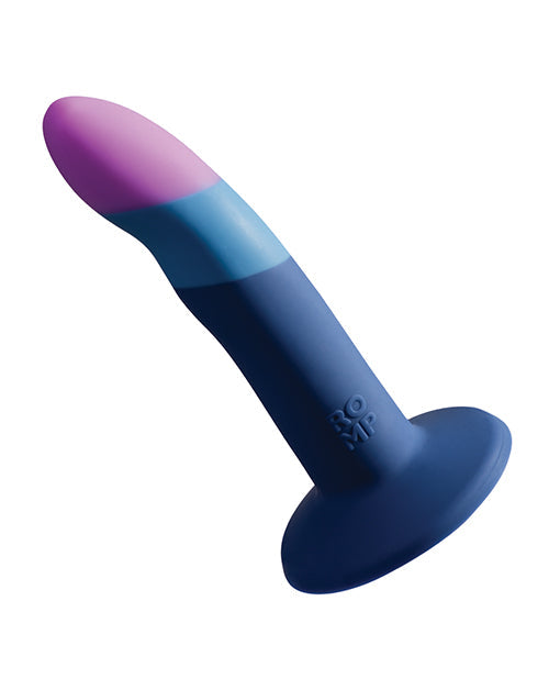 ROMP Piccolo 3-color 5.5-inch dildo pegging kit with blue strap-on, featuring adjustable harness and colorful dildo attachments.