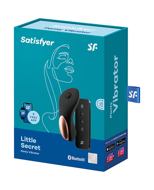 Black Satisfyer Little Secret Panty Vibrator stimulator from Not Just Sex Toys, shown inside a pair of black panties.
