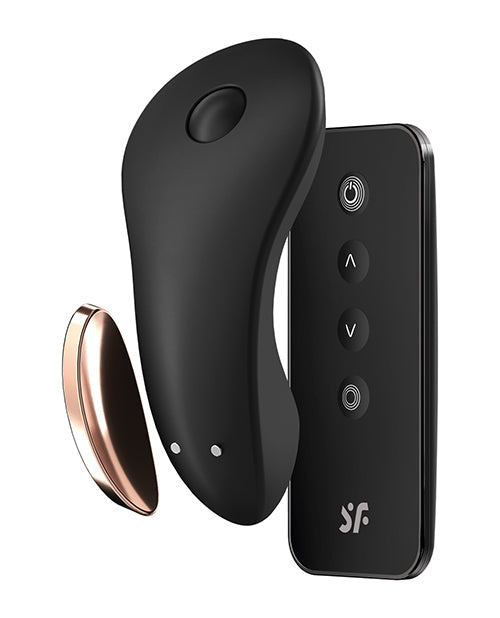 Black Satisfyer Little Secret Panty Vibrator stimulator from Not Just Sex Toys, shown with sleek compact design and control buttons.