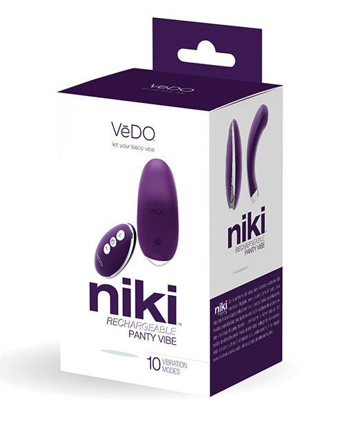 Deep purple VeDO Niki Rechargeable Panty Vibe stimulator by Not Just Sex Toys, showing the sleek, compact design.