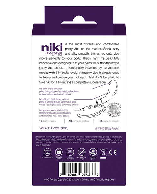 Deep purple VeDO Niki rechargeable panty vibe stimulator from Not Just Sex Toys, shown in a close-up image.