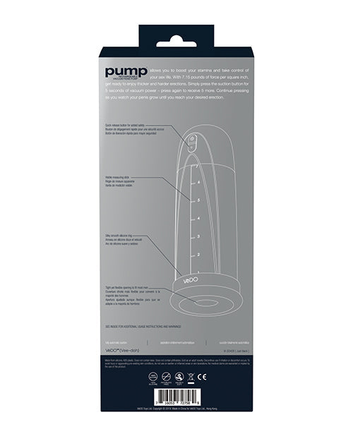 Rechargeable black VeDO Pump penis enhancement device with clear cylinder and control valve, designed for penis vacuum therapy.