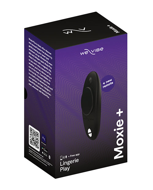 Black We-Vibe Moxie+ panty vibe stimulator by Not Just Sex Toys, shown in a close-up of the compact, discreet device.