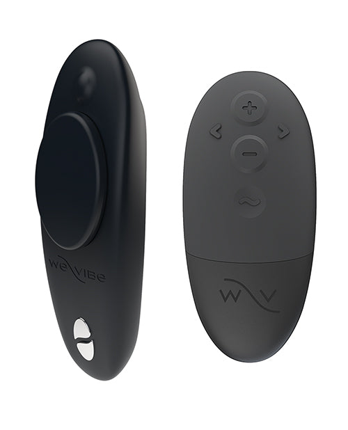 Black We-Vibe Moxie+ panty vibe stimulator from Not Just Sex Toys, shown in a close-up image highlighting its sleek design.