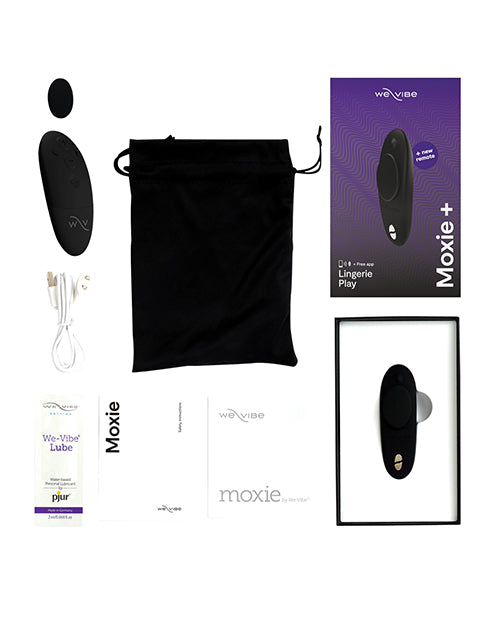 Black We-Vibe Moxie+ panty vibe stimulator by Not Just Sex Toys, shown in close-up with sleek design and discreet fit.