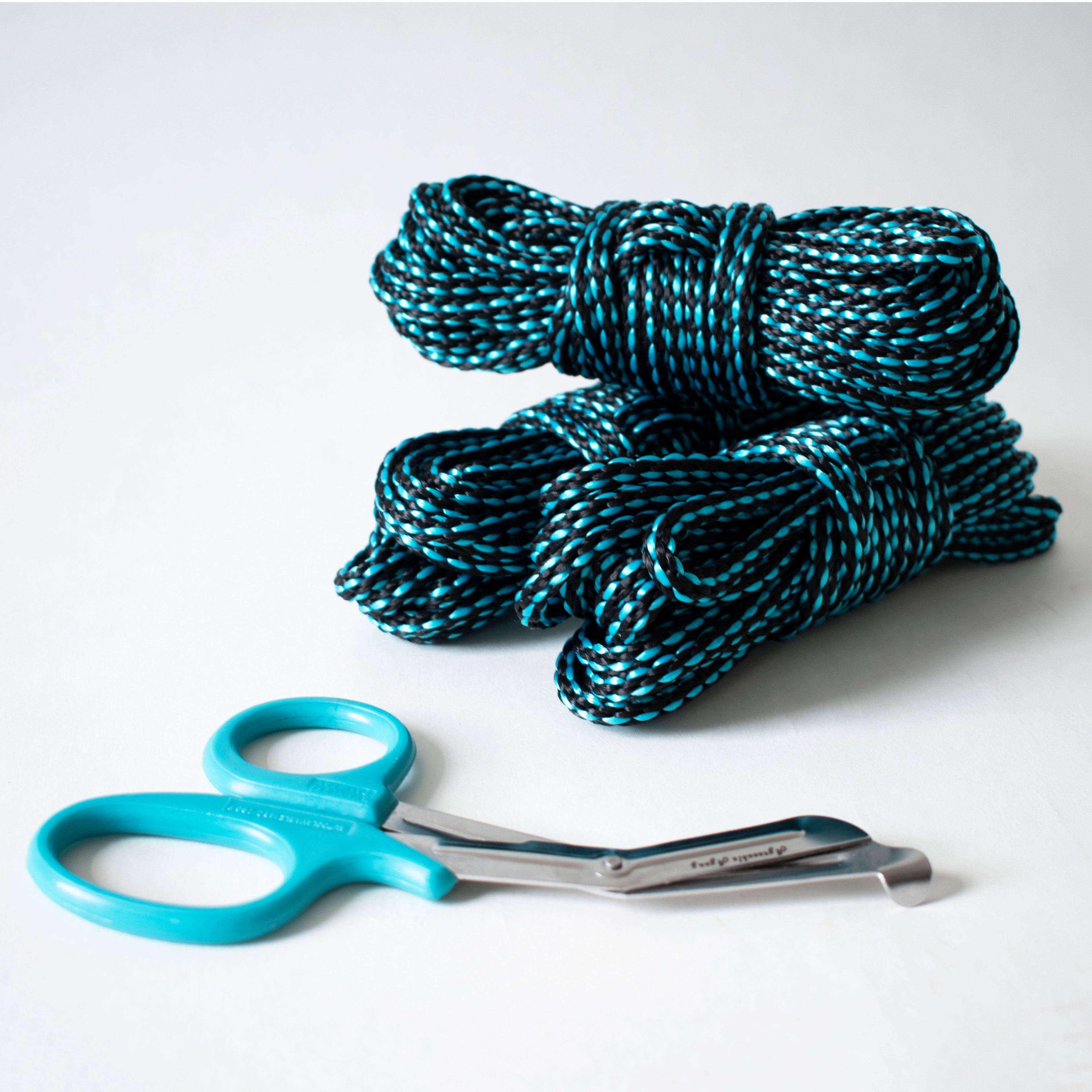 Aqua and black 1/4 inch solid braid MFP rope from Agreeable Agony Bondage Rope Kit, showing the colorful twisted strands.