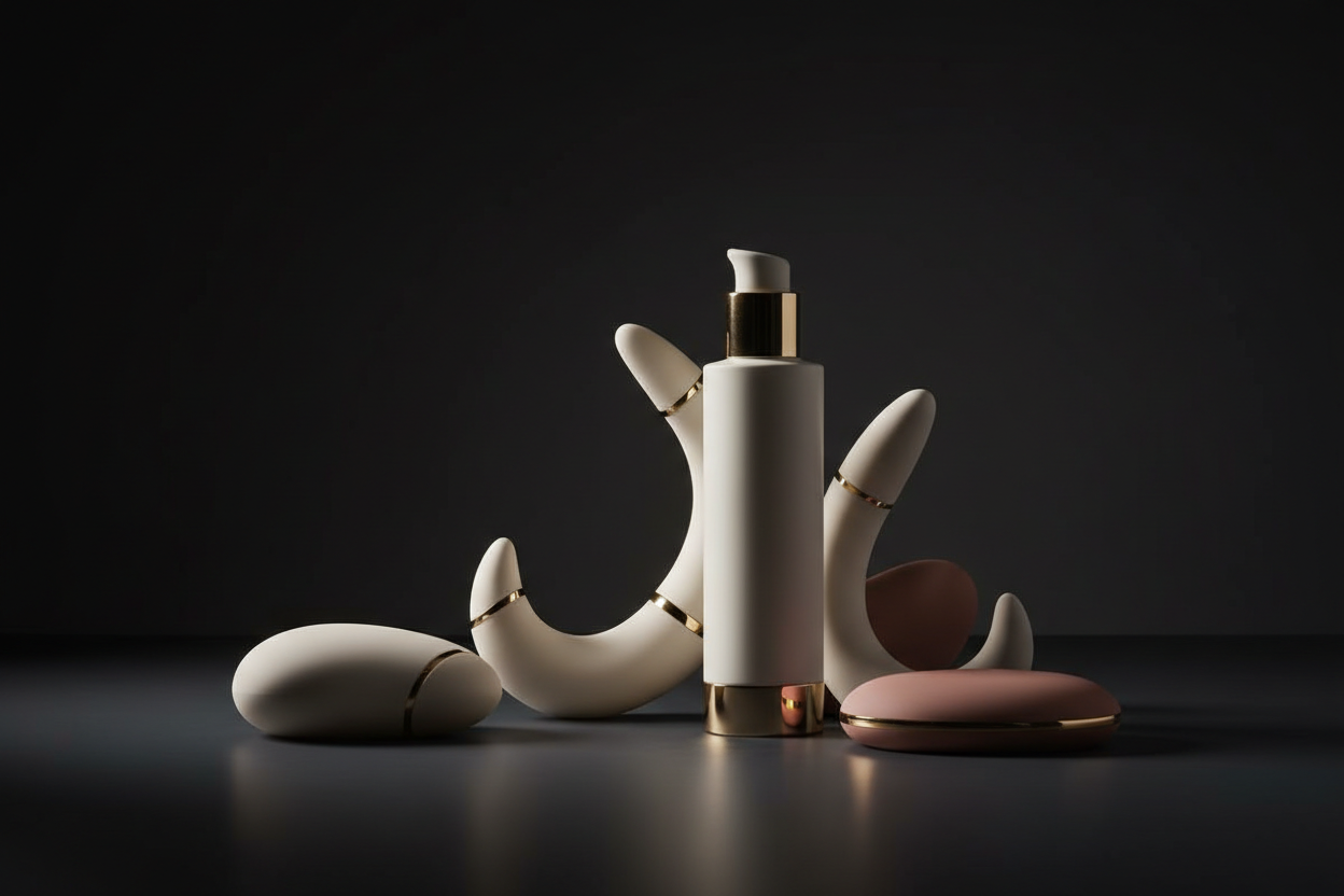A refined, intimate still life arranged on a dark, boutique-style backdrop using deep charcoal tones (#121212 and #2A2A2A). Feature smooth, curved silicone-like objects in soft matte finishes, shaped subtly like premium personal wellness items without being explicit. Include a minimal bottle silhouette to suggest lubricants or cleaners. Use warm, low-intensity lighting that creates gentle highlights in muted ivory (#F2F0EC) and soft reflections in desaturated rose accents similar to #B36A6A. Add subtle gold
