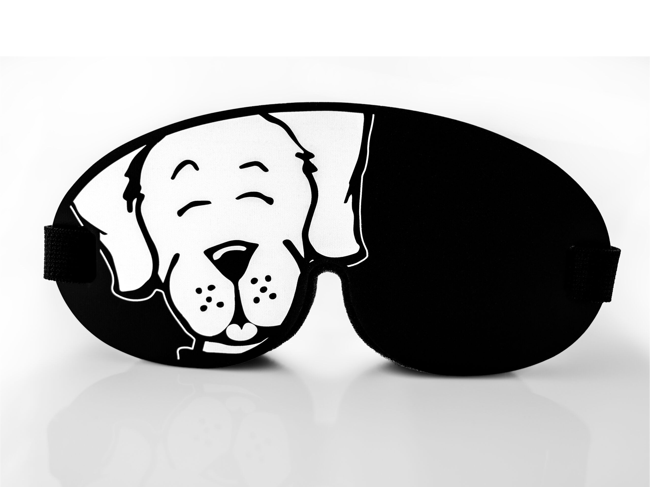Agreeable Agony Mindfold sensory deprivation mask with Zendog Smile design, kinky blindfold accessory for sensory play.