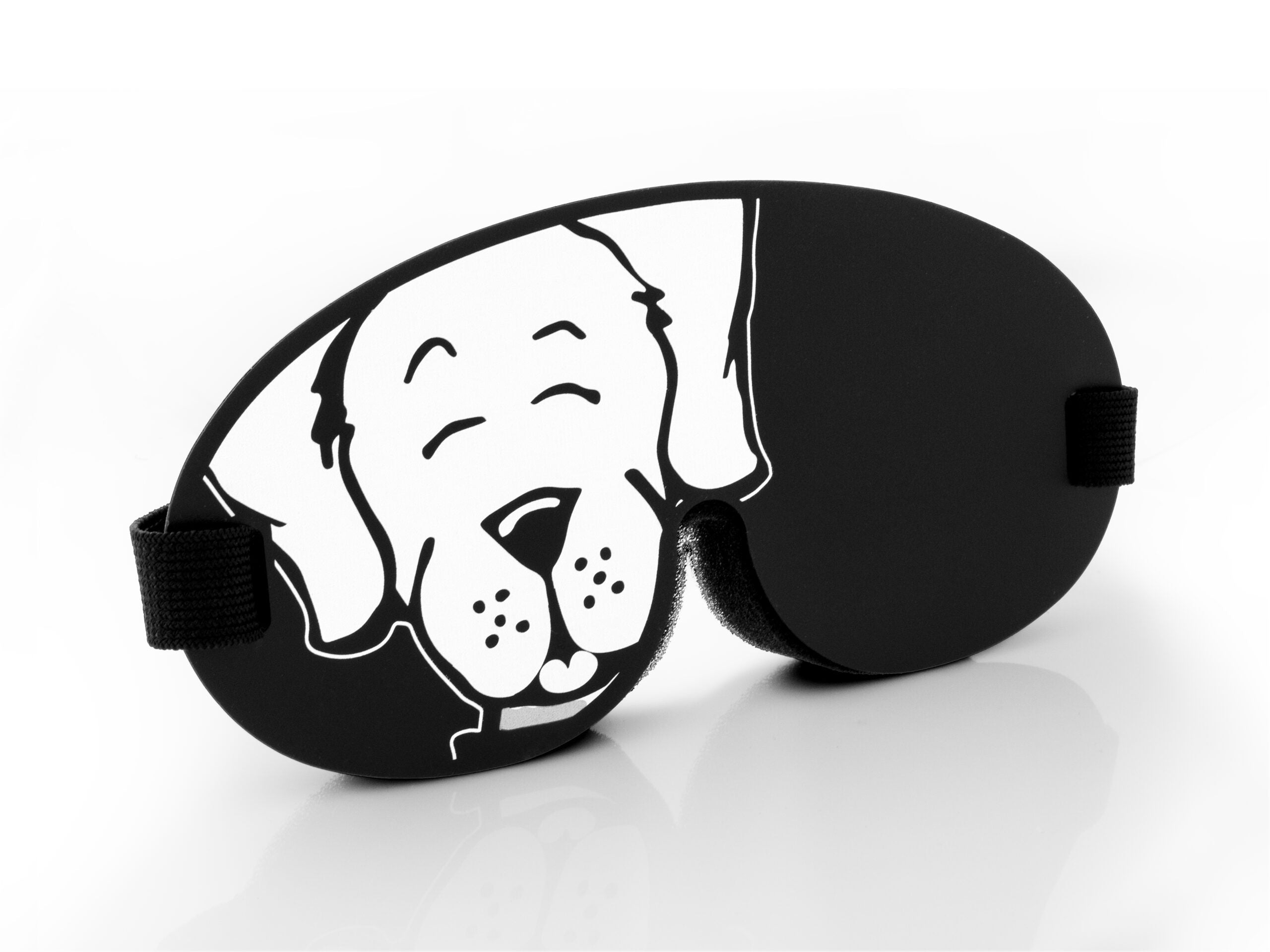 Agreeable Agony Mindfold sensory deprivation mask with Zendog Smile design, black blindfold for kink and sensory play.
