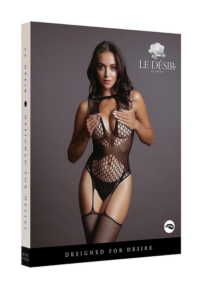 Black fishnet bodystocking by Shop Erotic, designed for desire, featuring contrast suspender details and a form-fitting silhouette.
