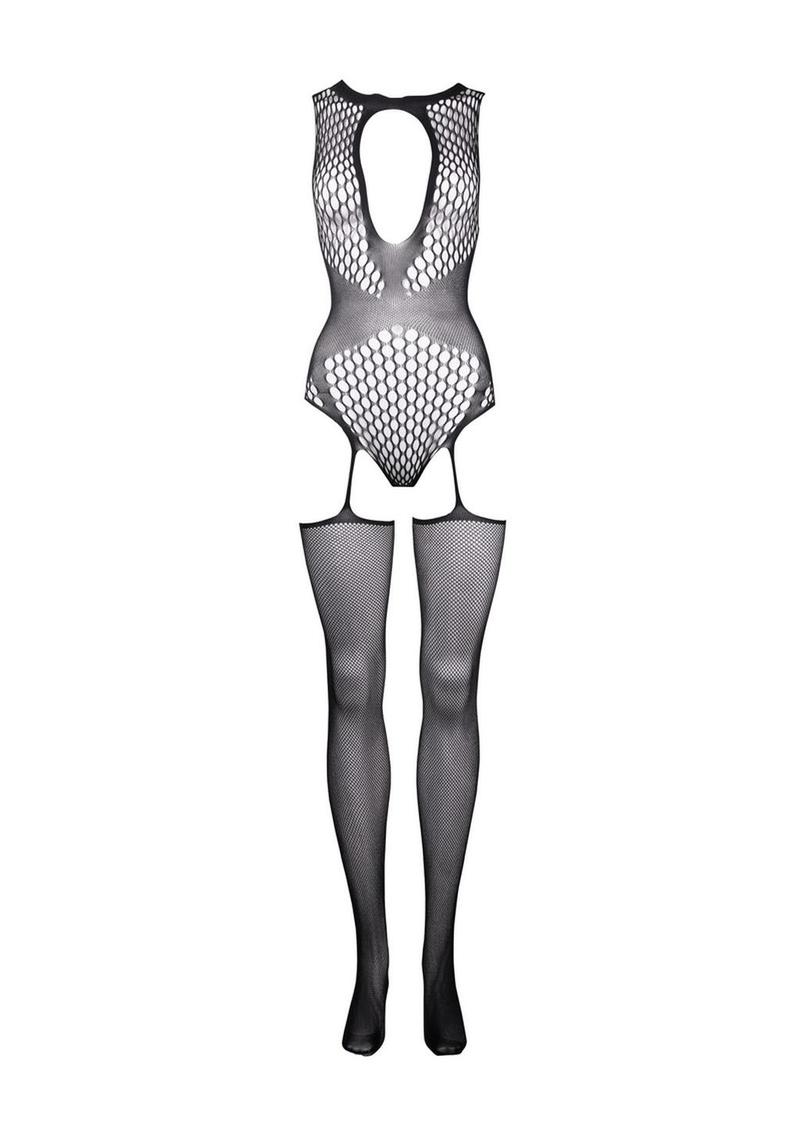 Black fishnet bodystocking with contrast suspender design from Le Désir Designed for Desire, featuring a form-fitting, alluring style.