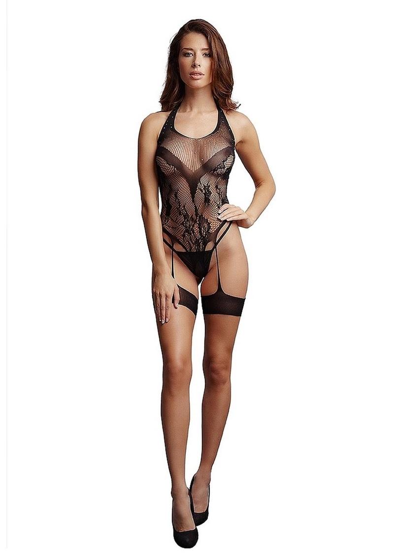 Black crotchless rhinestone halter teddy by Shop Erotic, featuring sparkling embellishments and a revealing, seductive design.