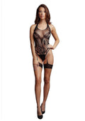 Black crotchless rhinestone halter teddy by Shop Erotic, featuring sparkling embellishments and a revealing, seductive design.