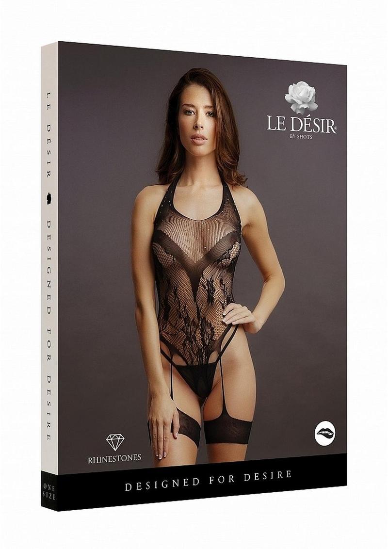 Black Le Désir Crotchless Rhinestone Halter Teddy by Shop Erotic, featuring rhinestones and halter neckline, shown on a mannequin.
