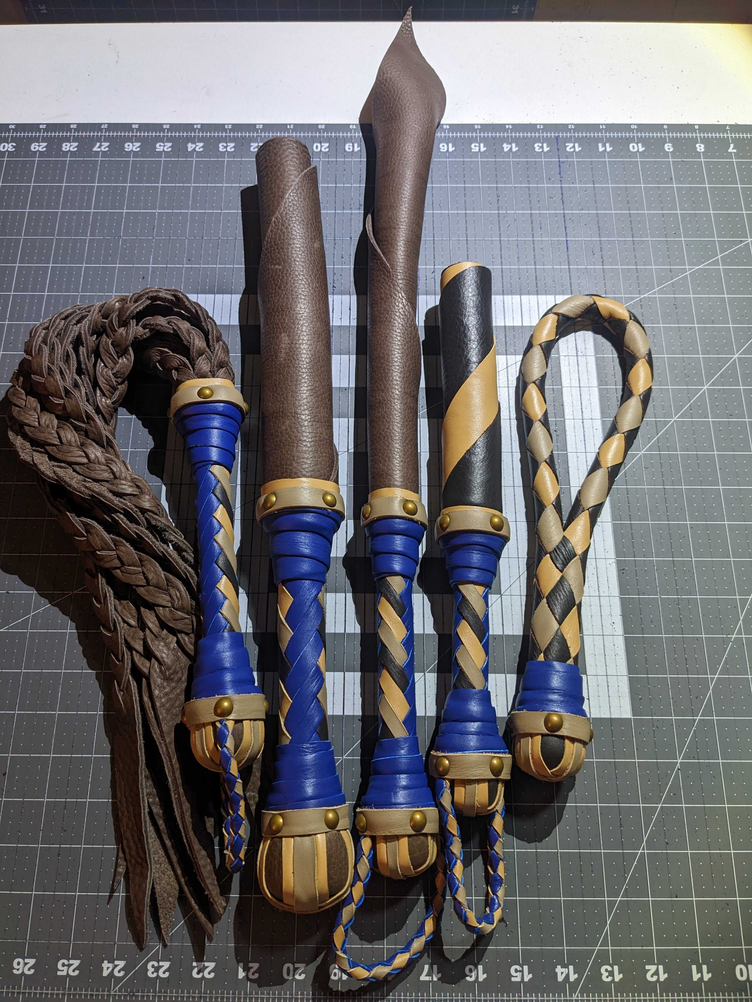 Custom leather impact toy kit by Agreeable Agony featuring matching leather tools and accessories in a coordinated set.