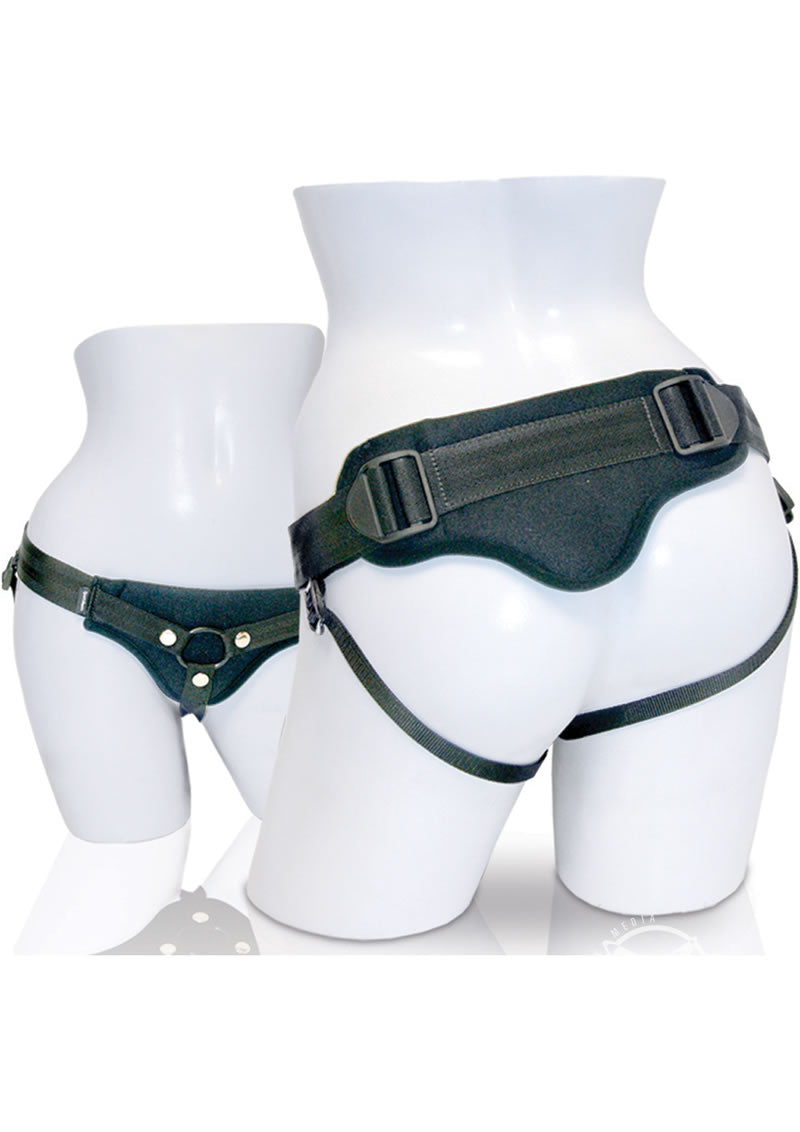 Black strap-on from the Sportsheets Curvy Collection Divine series, designed for comfortable wear and versatile use.