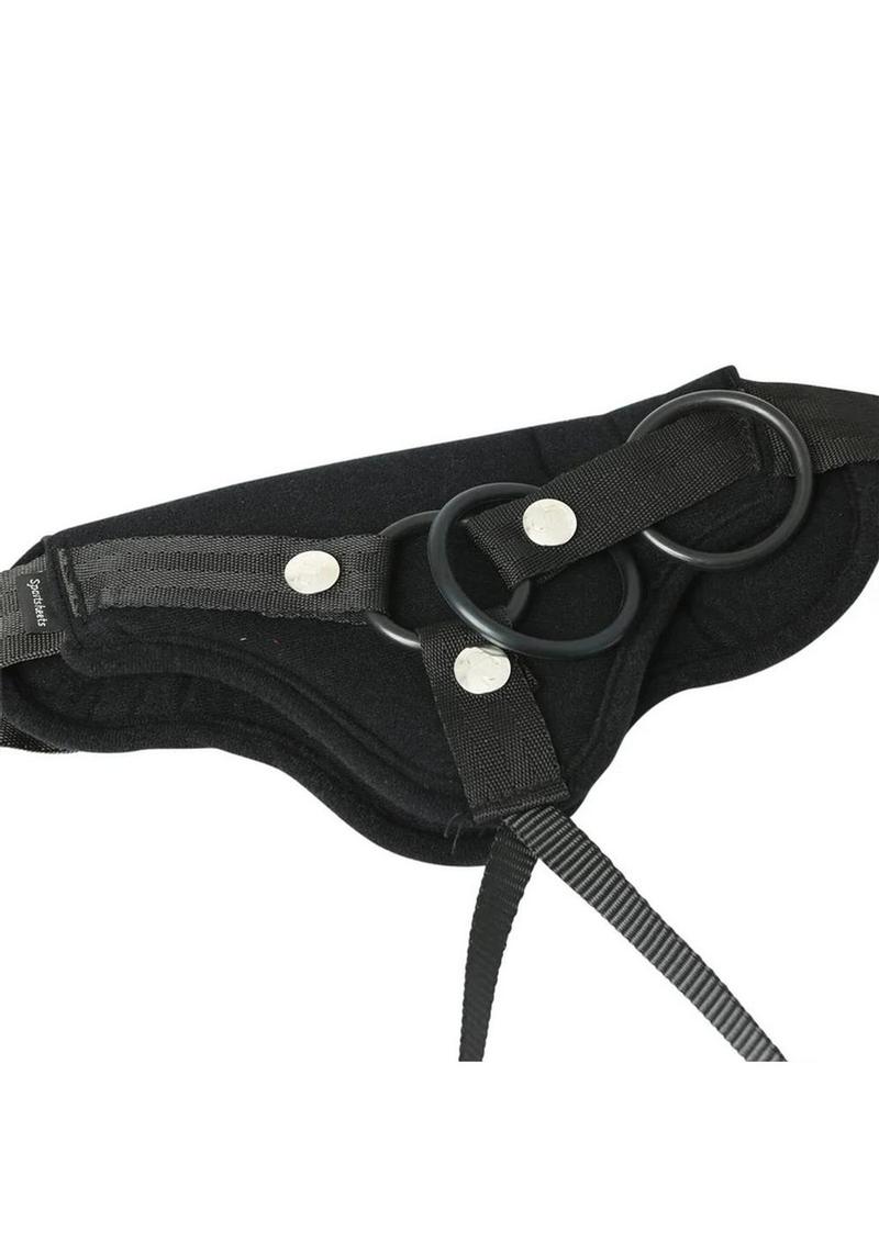 Black Sportsheets Curvy Collection Divine Strap On with adjustable straps and padded harness for comfortable wear.
